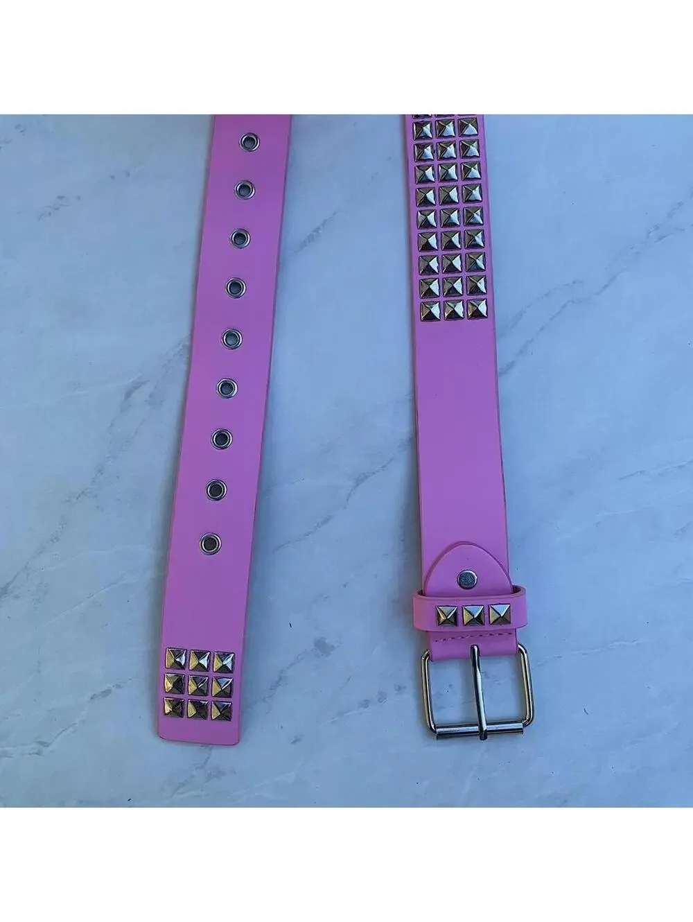 Y2k 2000s style Pink leather with silver studded bel . 39 inches length. Comes n